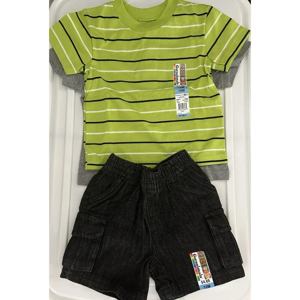 Garanimals 3 PC Green Gray Black Shirts Denim Shorts Boys Outfit Size 12 Months